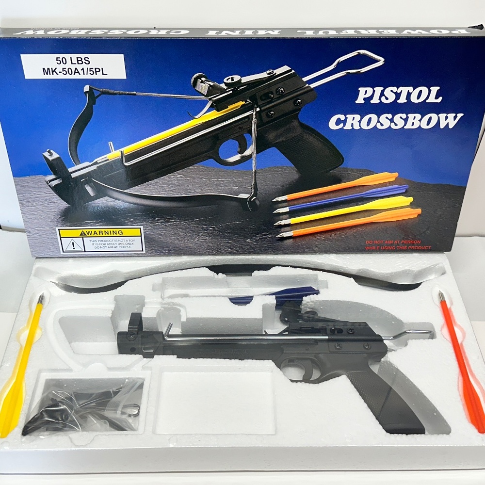 Mini BLACK 50 LB Archery Gun Pistol CROSSBOW w/ Five Bolts Arrows